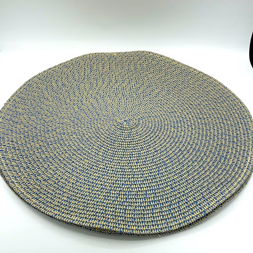 Tan Beige & Blue Round Woven Placemats Set of 4